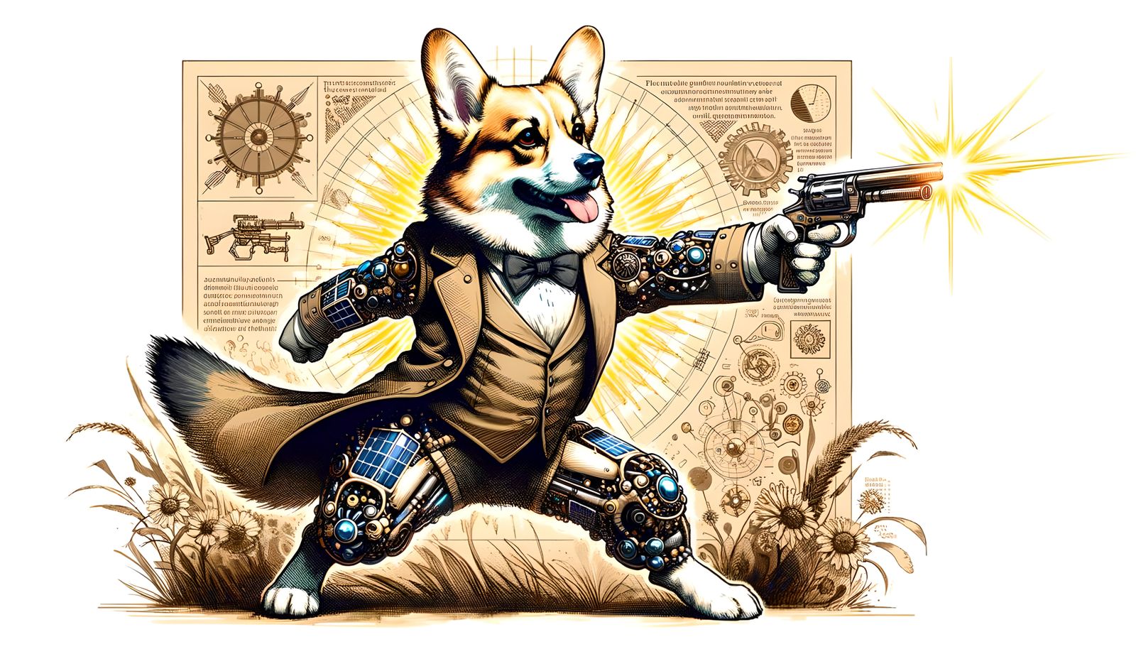 Anthropomorphic Corgi in Solar Punk Watercolour Style