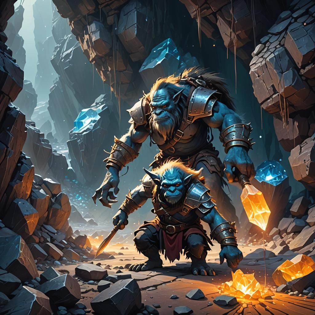 Troll Warrior Mines Crystals in Fantasy Art