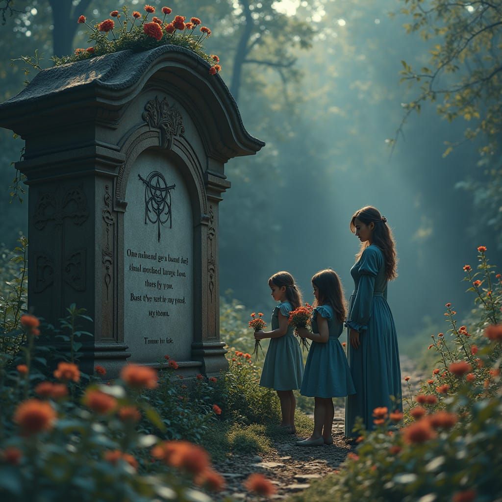 Family Mourners Amidst a Lush, Mystical Graveyard in a Dream...