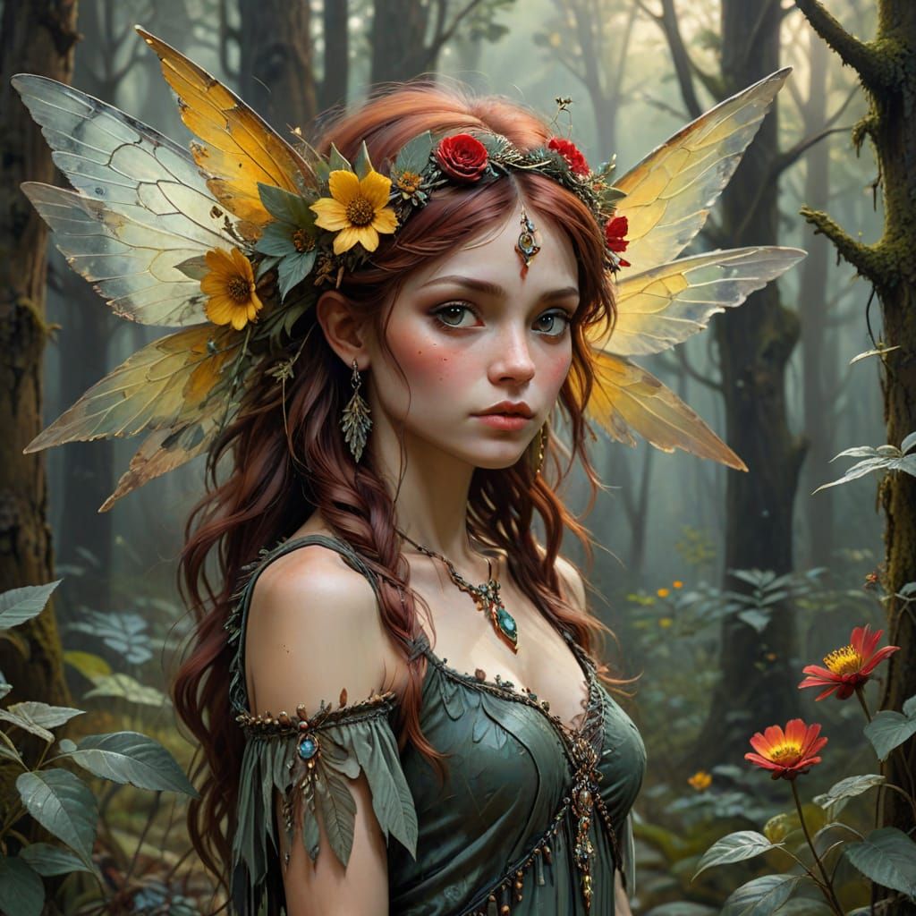 Bohemian Punk Fairy in Classical Forest Oil Painting