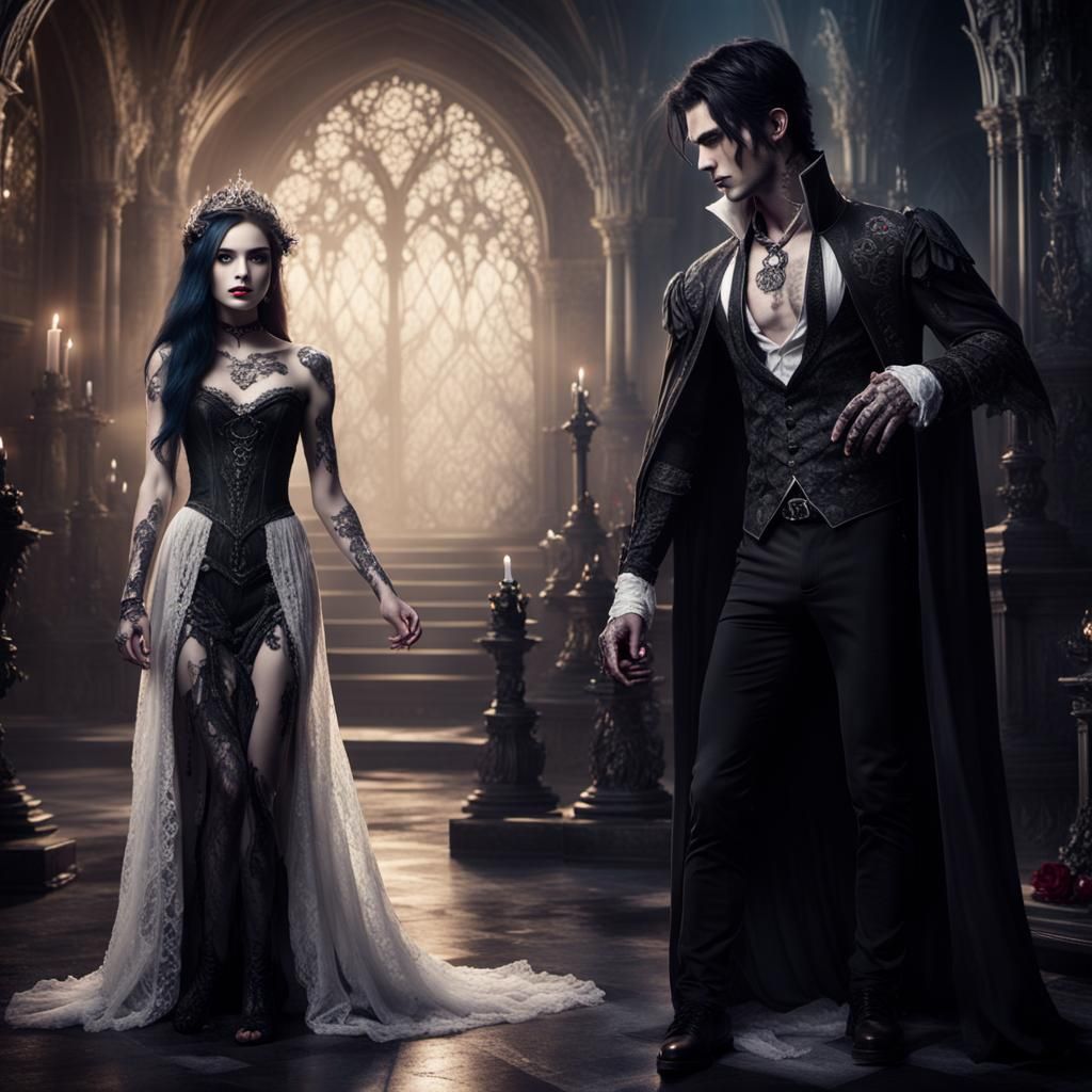 Tattooed Princess and Vampire Embrace in Dark Fantasy Art