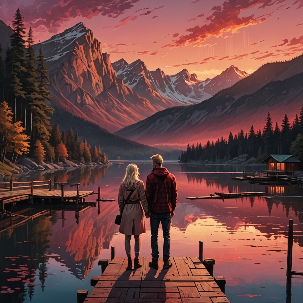 Couple at Mountain Lake Sundown in Hyperrealism