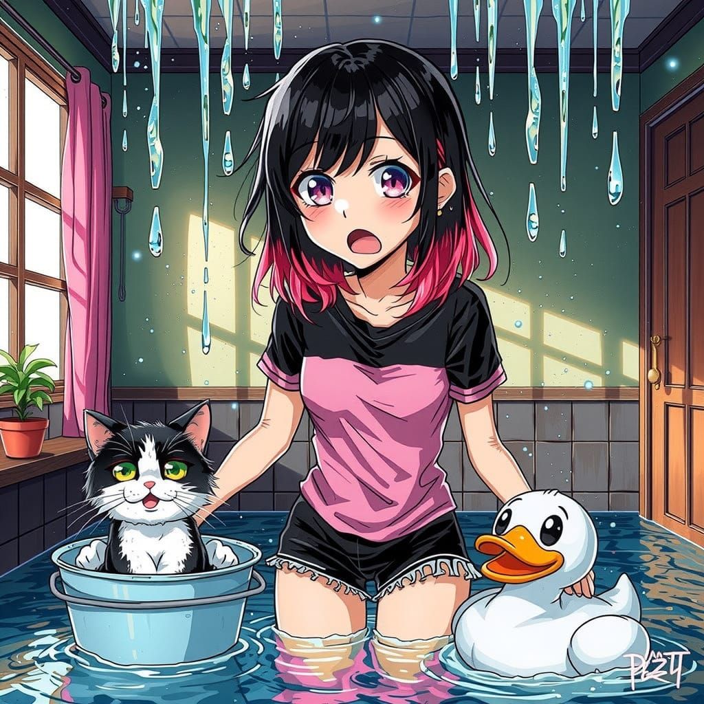 Anime Emo Woman in Flooded Room, Studio Trigger Style