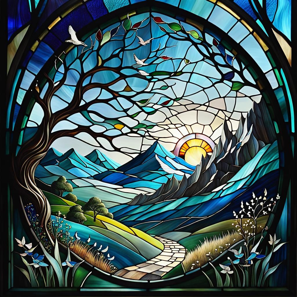 Stained Glass Fantasy Landscape: Wind and Song