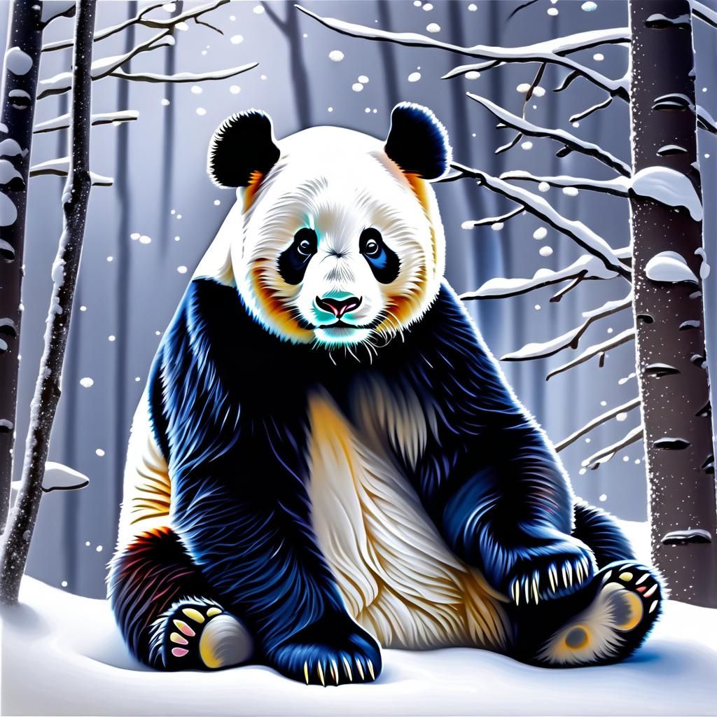 White Panda in Snow Chalk Painting