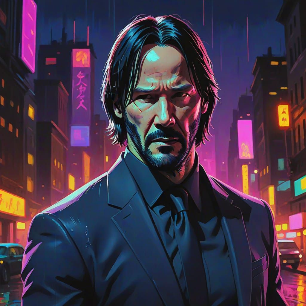 John Wick in Neon City: Gouache Action Portrait