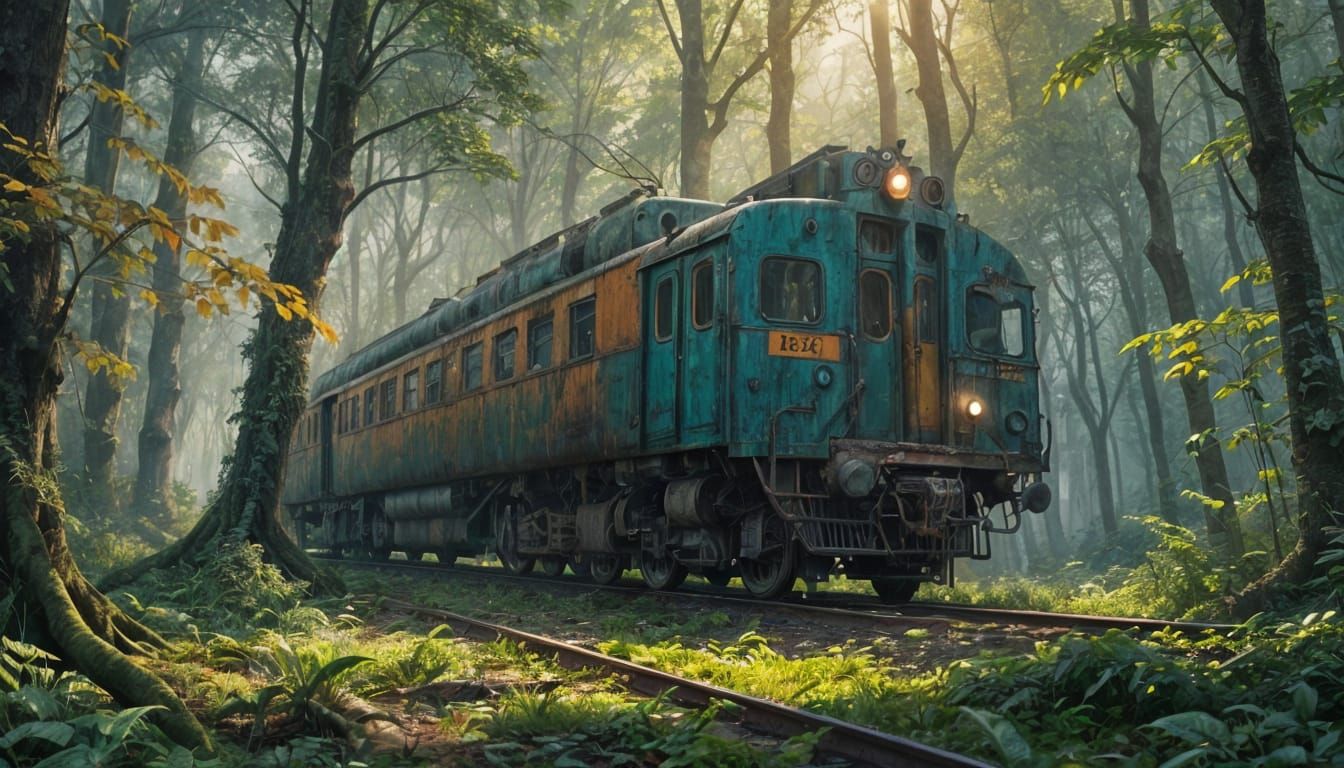 Rusting Train Reclaimed by Nature, Matte Painting