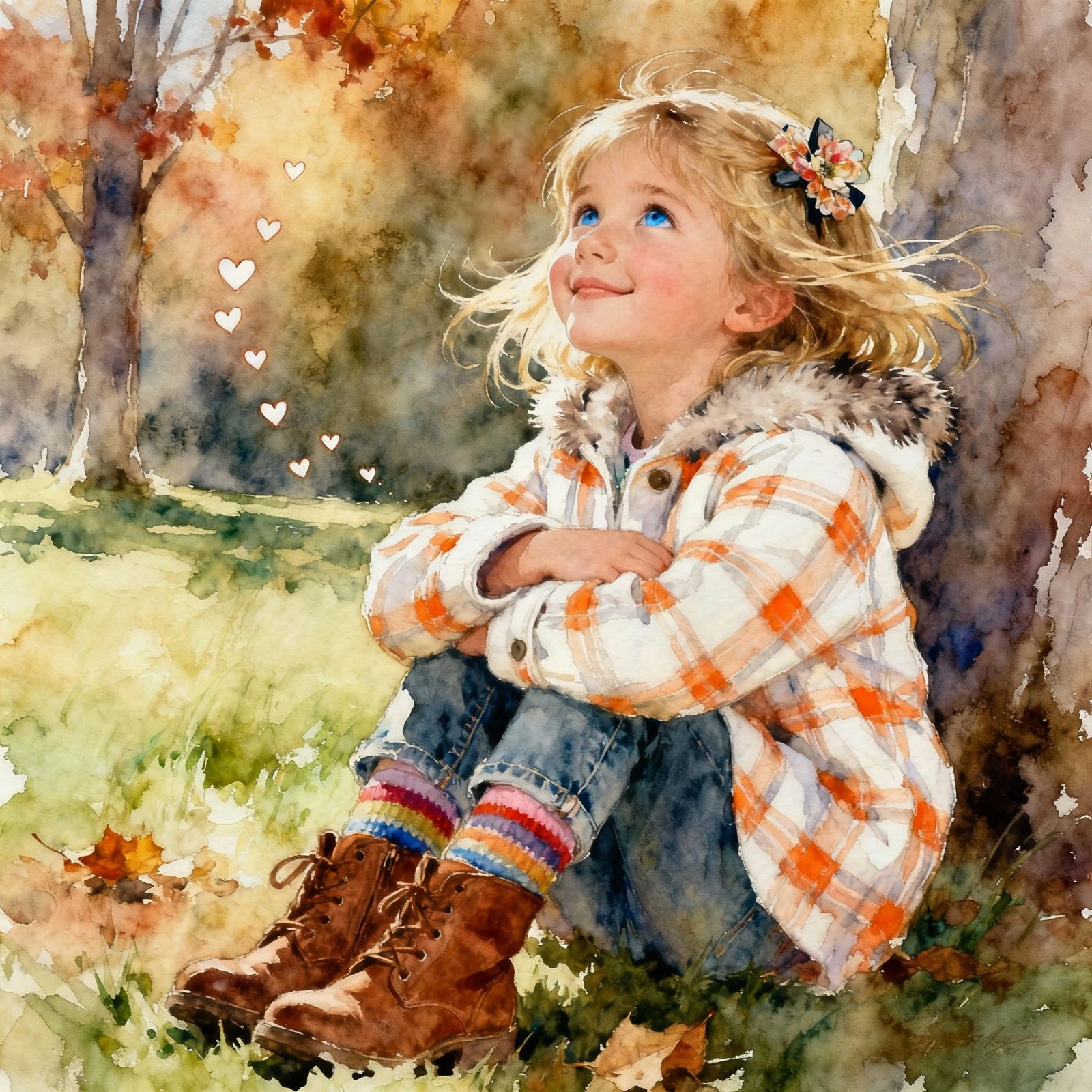 Whimsical Girl Daydreaming in Autumn Landscape