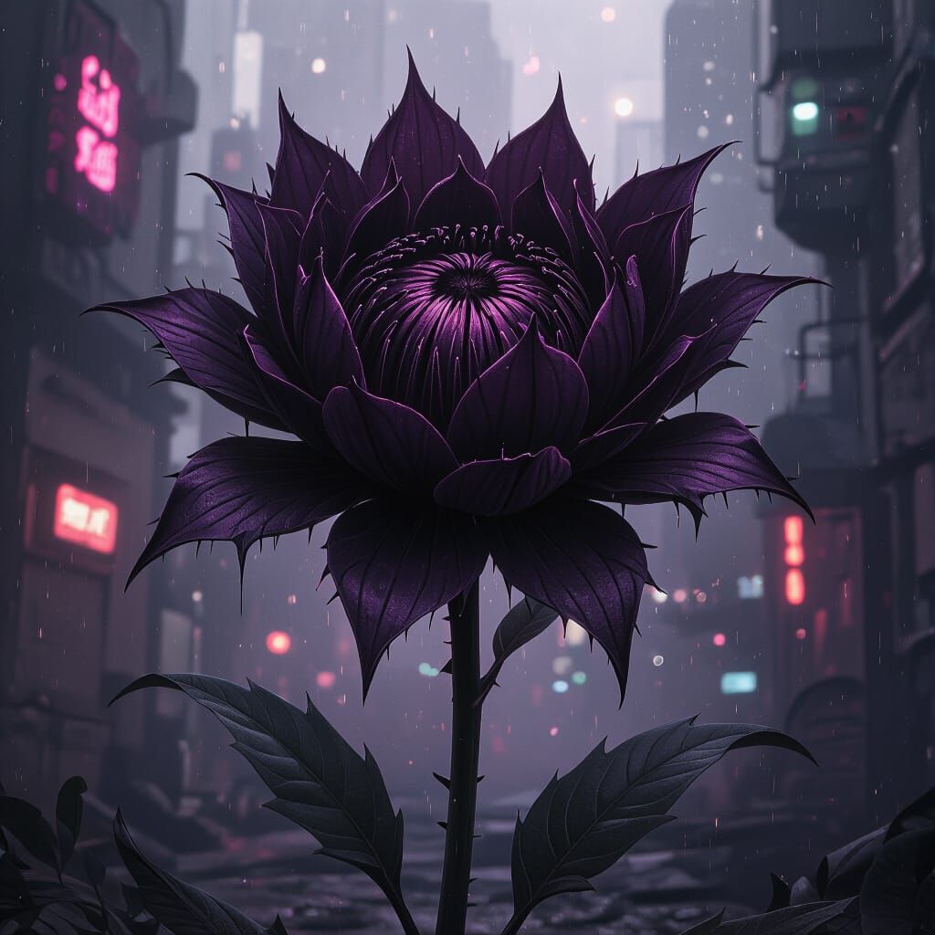 Ominous Carnivorous Flower in Cyberpunk Noir Style