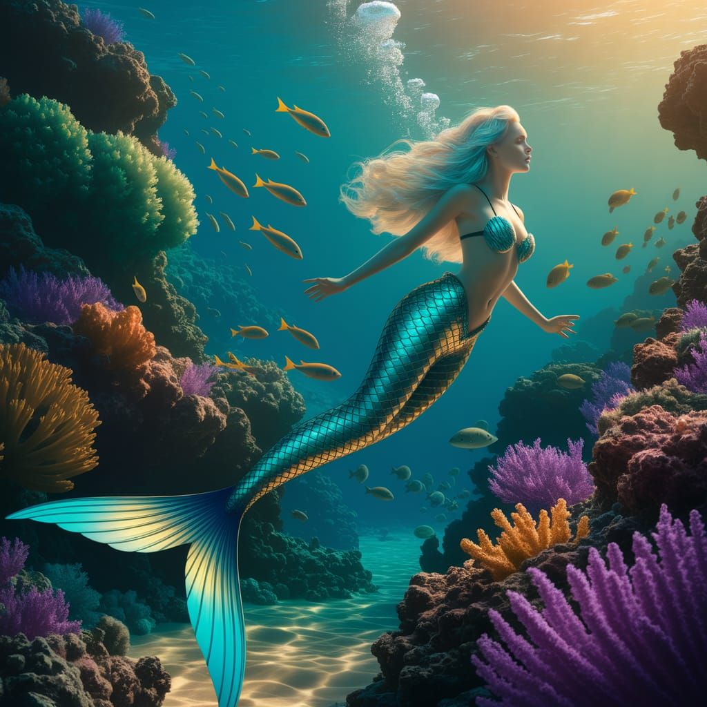 Mermaid Scuba Diver in a Coral Reef