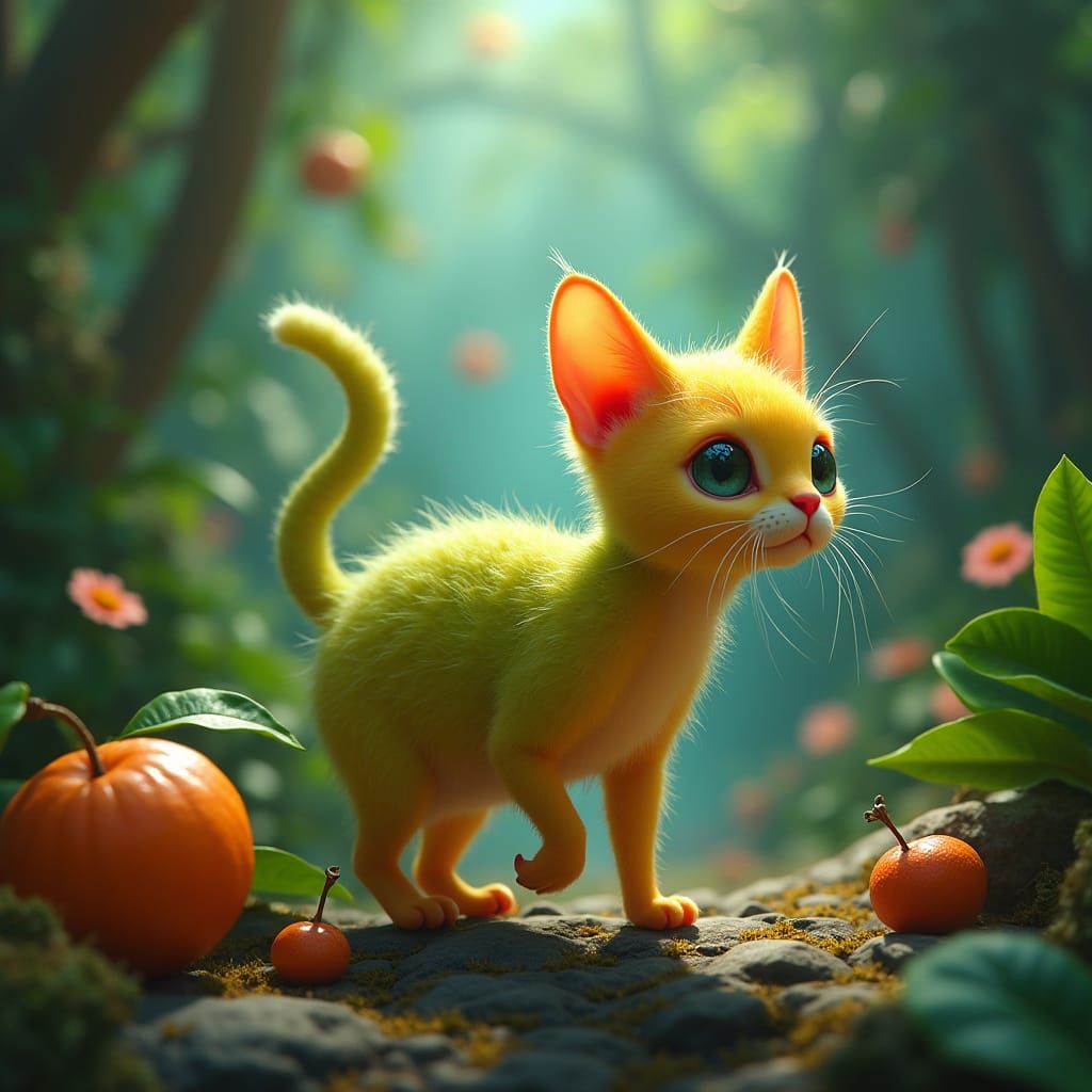 Whimsical Cat Roams Vibrant Fruit Jungle in Stunning 8K Matt...