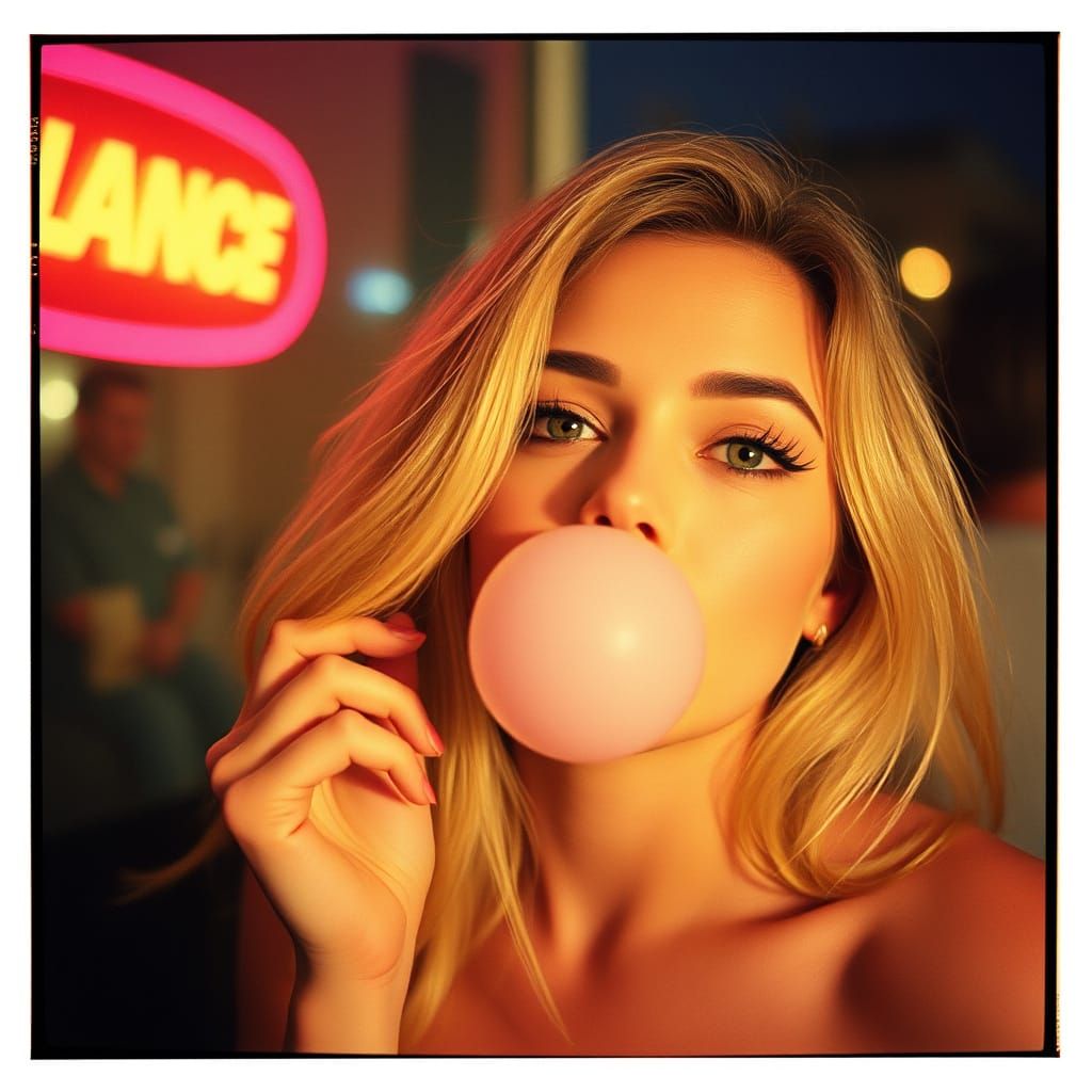 Stunning Cinematic Film Still of a Pretty Woman Blowing Bubb...