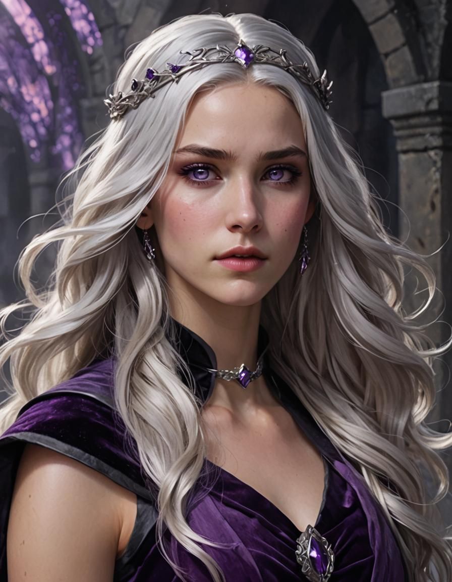 Ethereal Beauty with Purple Eyes in Art Nouveau Style