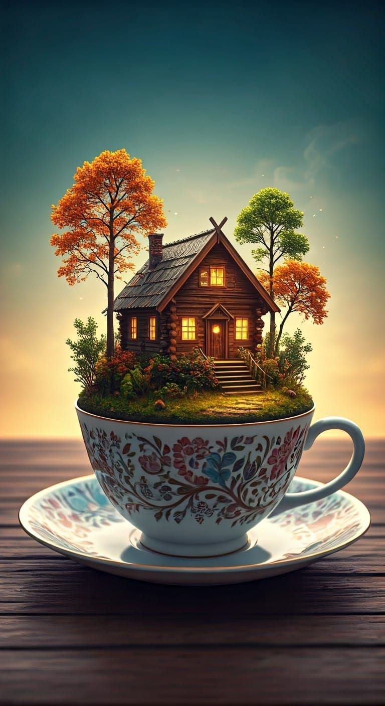 Autumn Cabin in Teacup: Hyperrealistic Dreamscape
