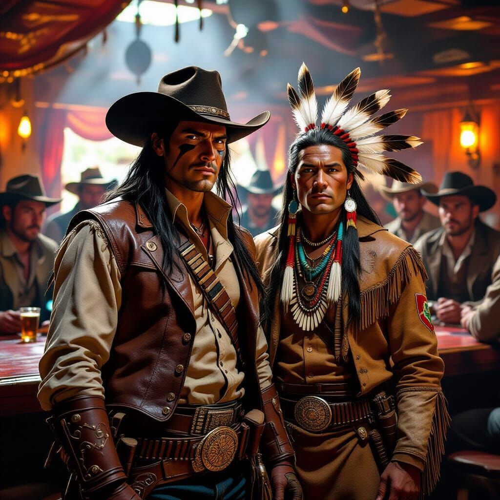 Native American Tracker in Saloon, Hyperrealistic Splash Art