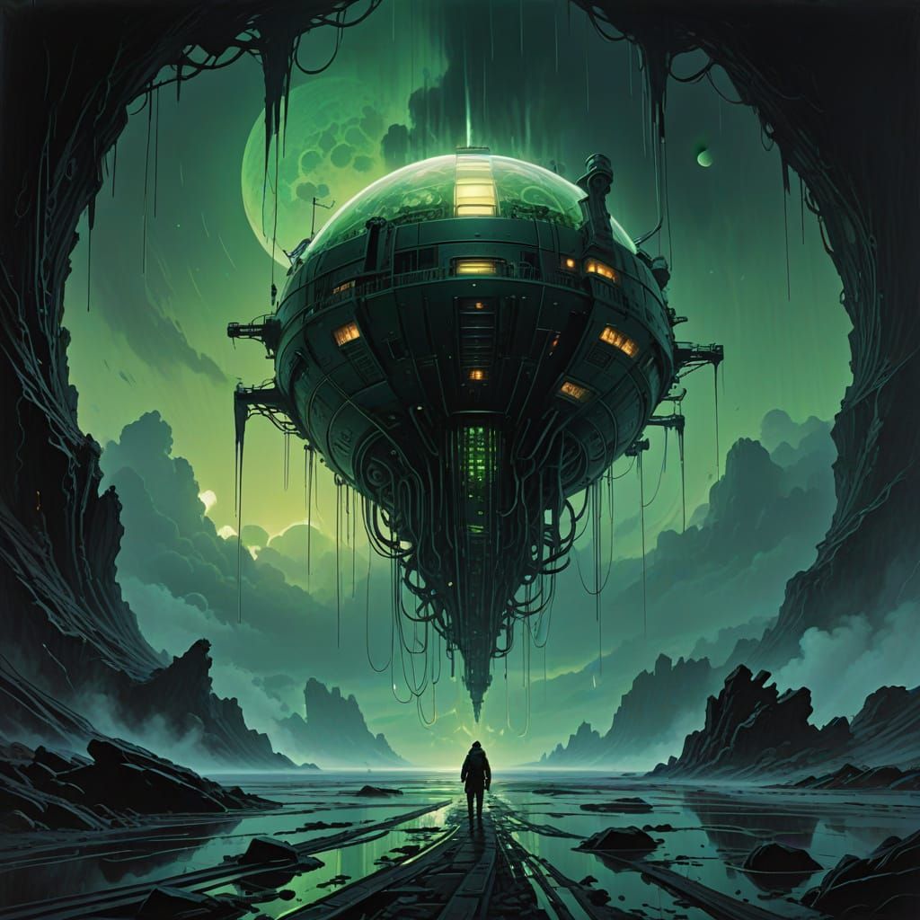 Glowing Biomechanical Vessel Hovers Above Turbulent Waves