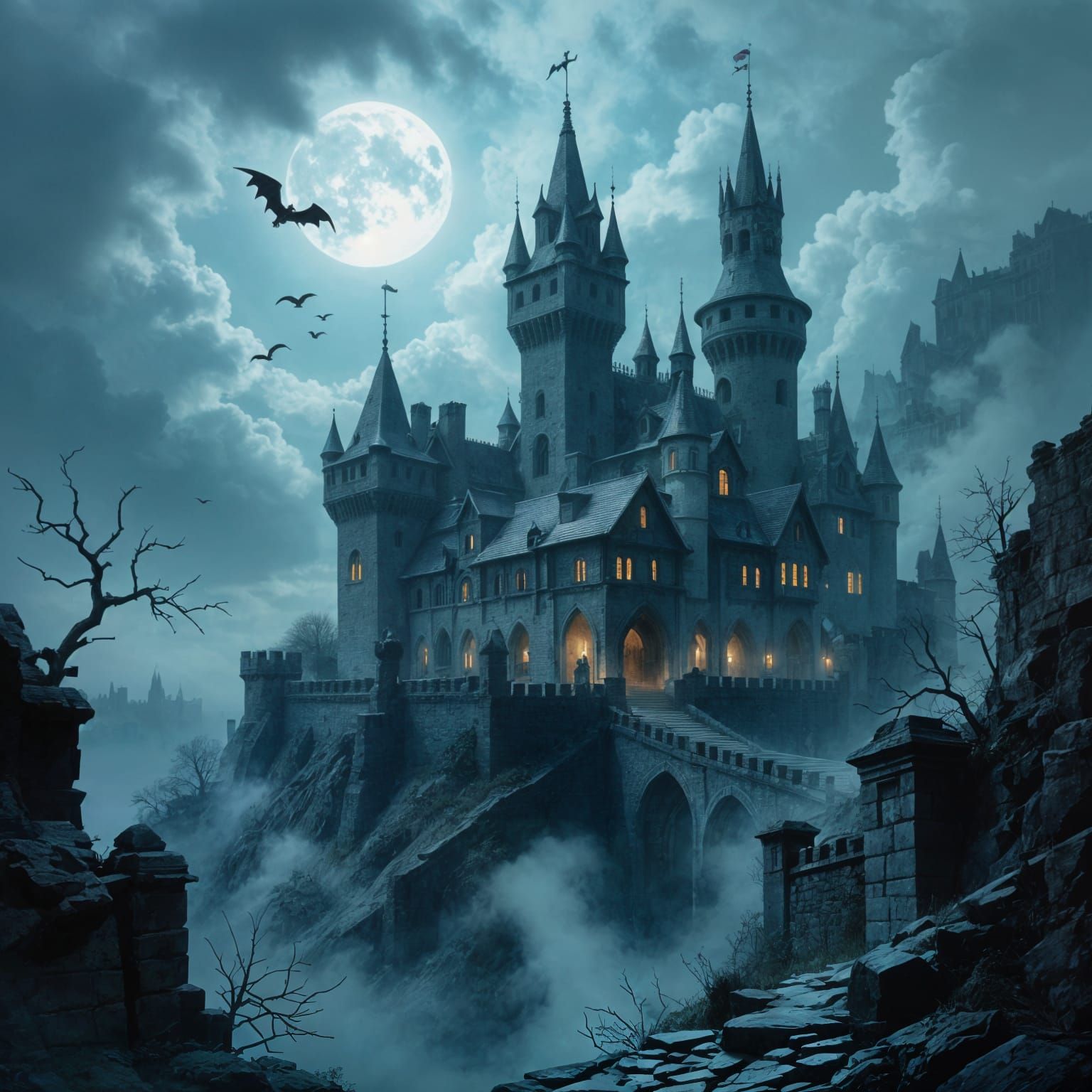 Horror Vampire Castle in Gustave Doré Style