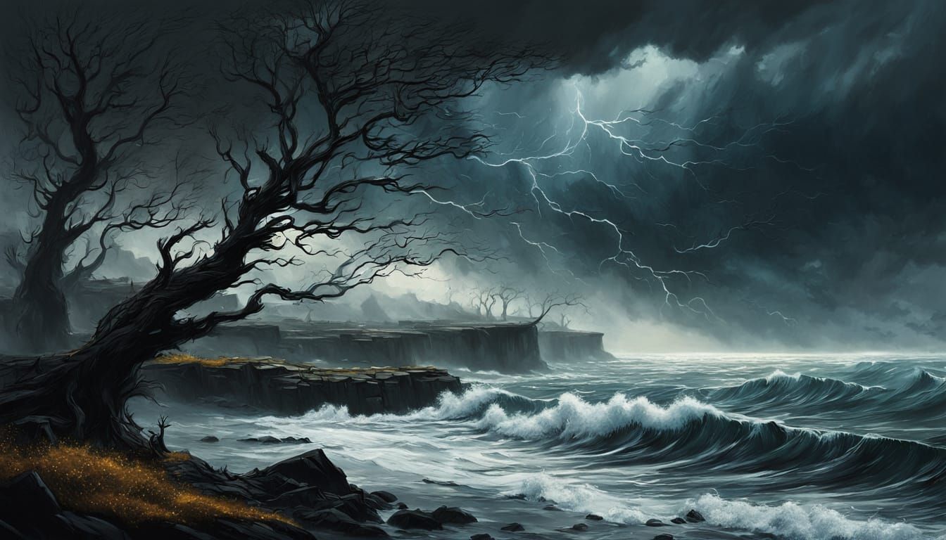 Stormy Sea and Silhouetted Trees in Dramatic Contrast