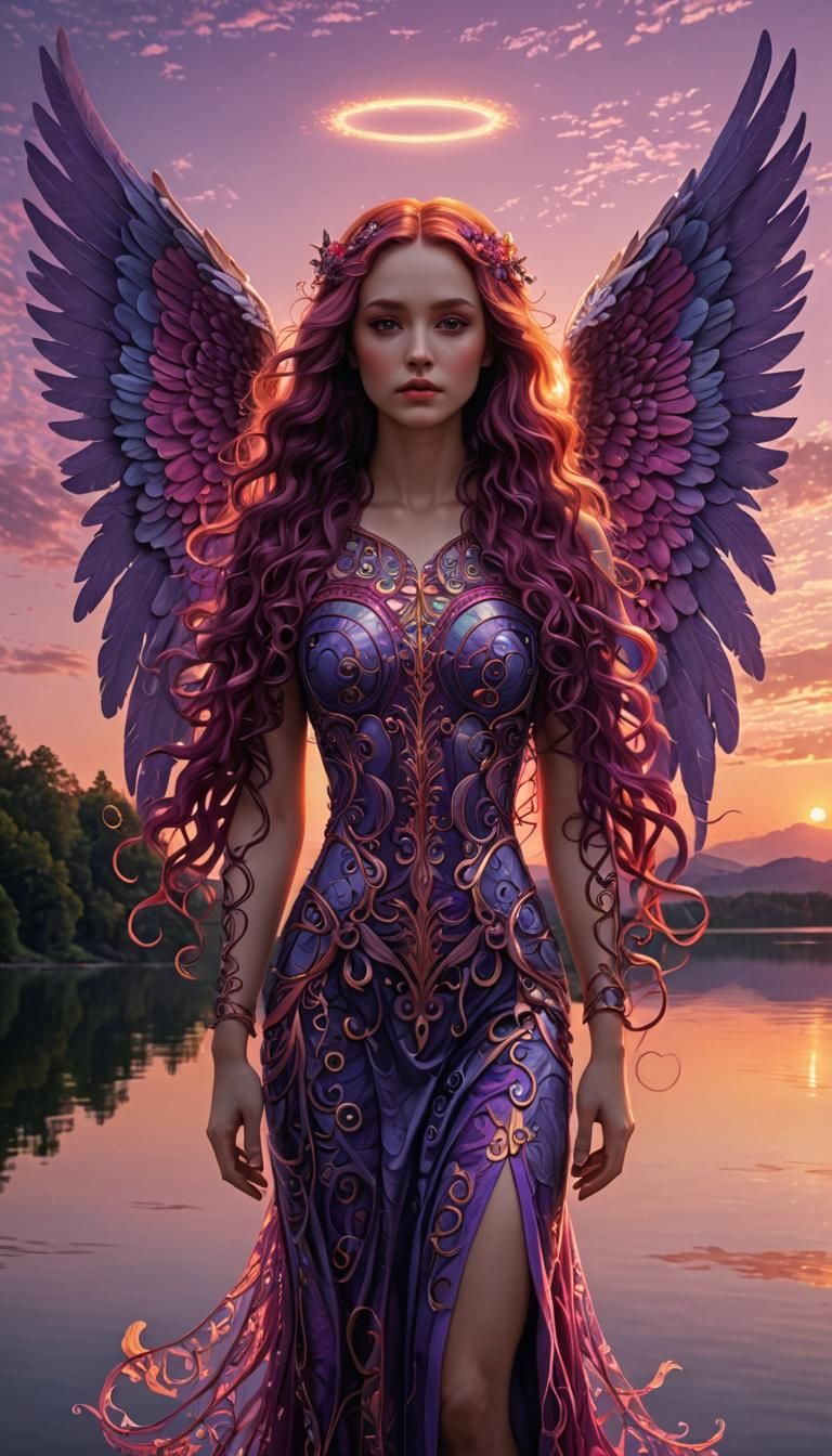 Purple Angel with Magenta Hair at Sunset