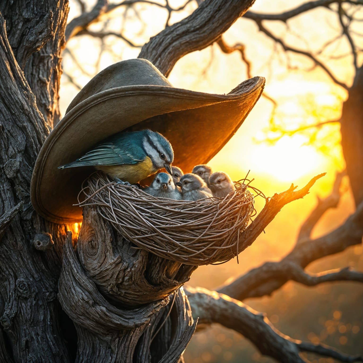 Blue Tit Family in a Cowboy Hat Nest