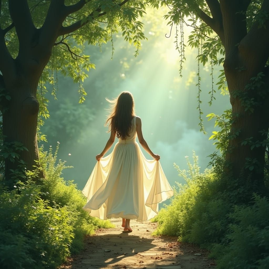 Ethereal Woman Enters Fantasy Realm in Dreamy Art Style