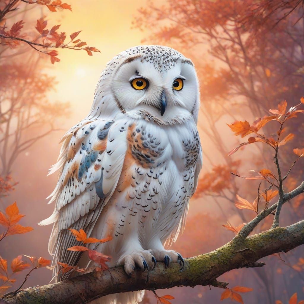 Snow Owl on Branch in Digital Watercolor