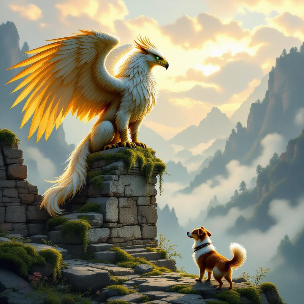 Majestic Griffin on Ruin Overlooking Valley