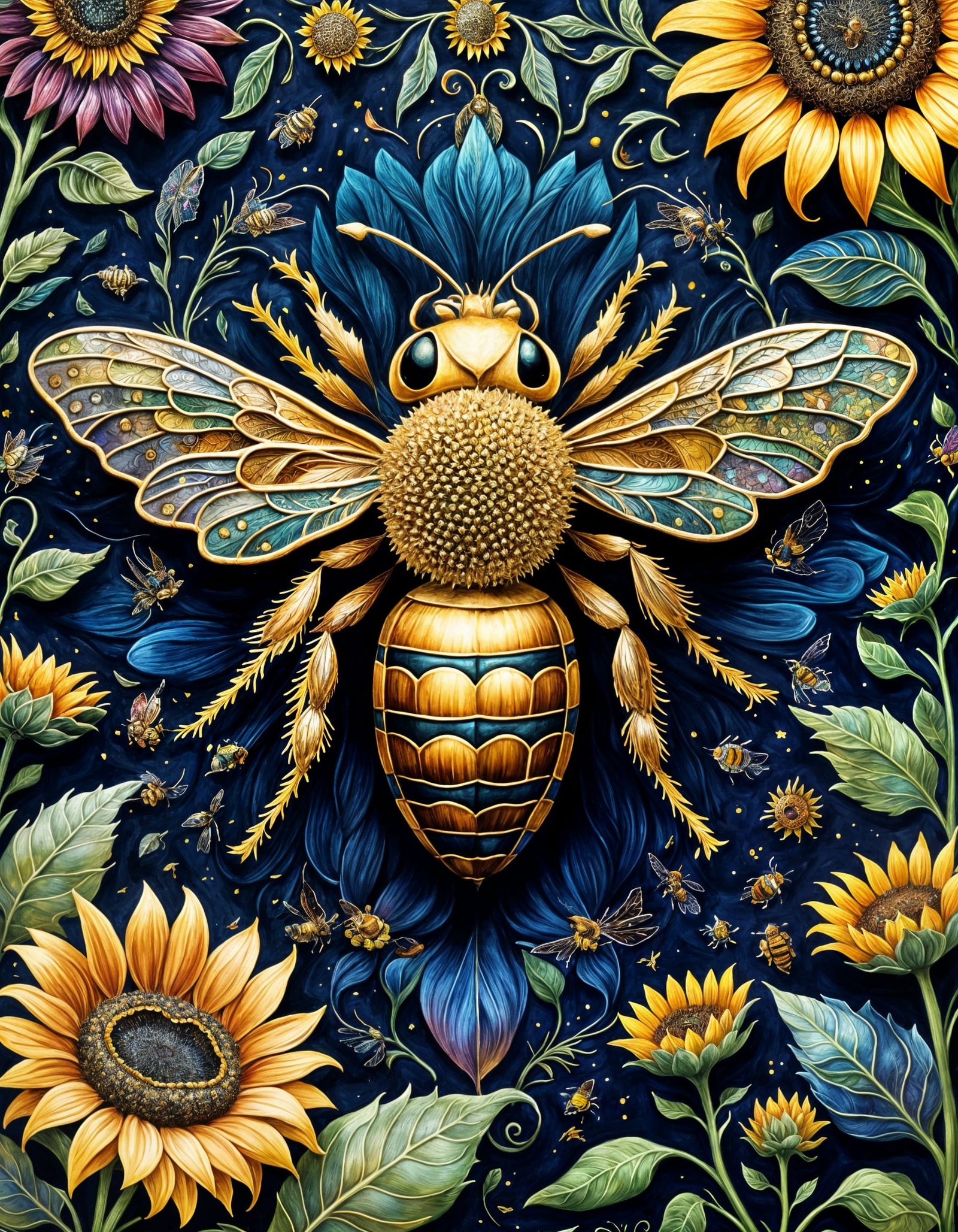 Golden Bee Majesty on Sunflower Petals in Folk Art Style