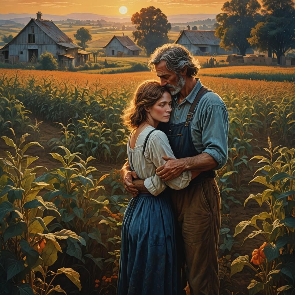 Romantic Farm Embrace in Warm Light, Realism Style