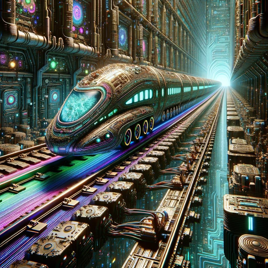 Futuristic Bullet Train on Neon Circuit Board Tracks