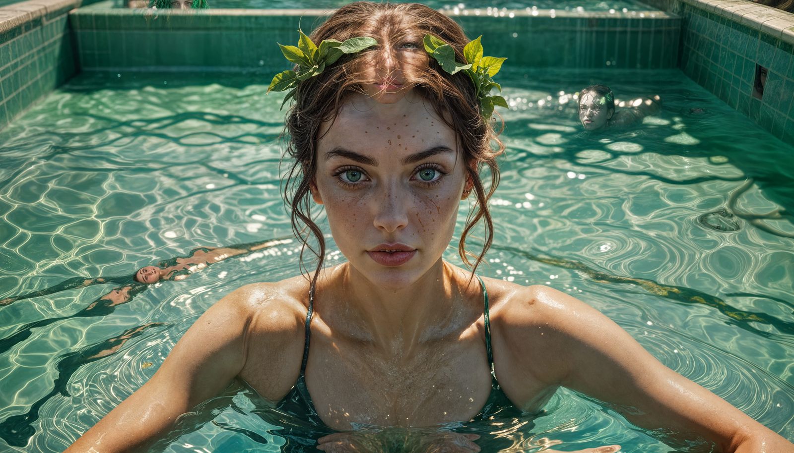 Woman with Green Eyes in Pool: Digital Portrait
