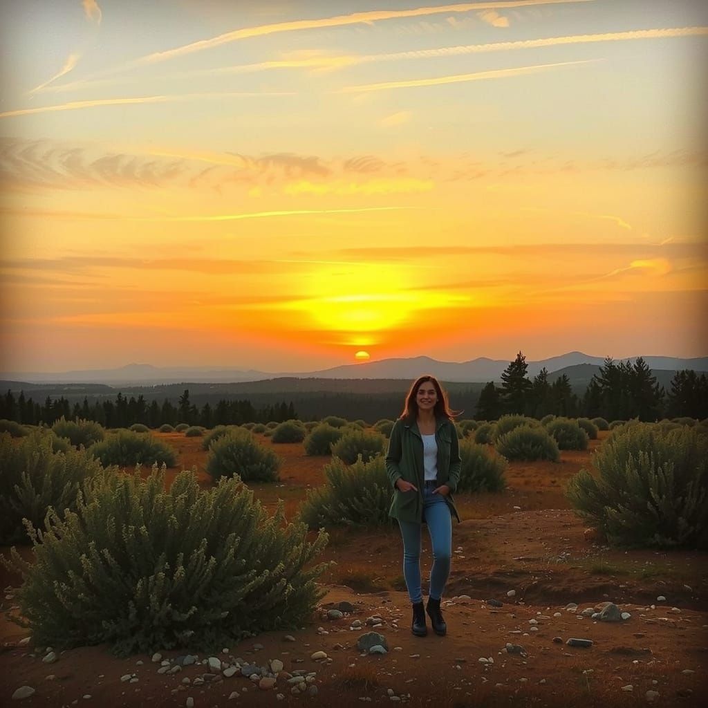 Serene Woman in a Pearl-Gray Landscape with Fiery Skies