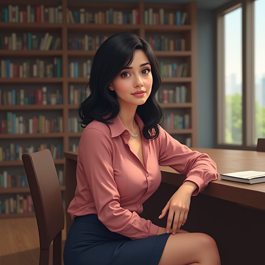 Hyperrealistic Portrait of a Spanish Woman in Library