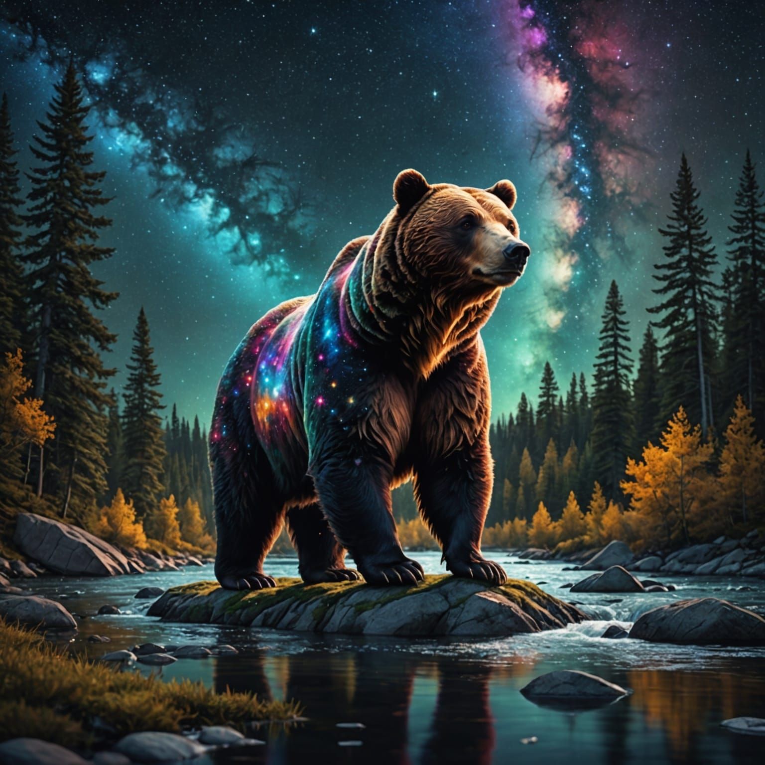 Starry Galaxy Bear Walks Through Forest at Night