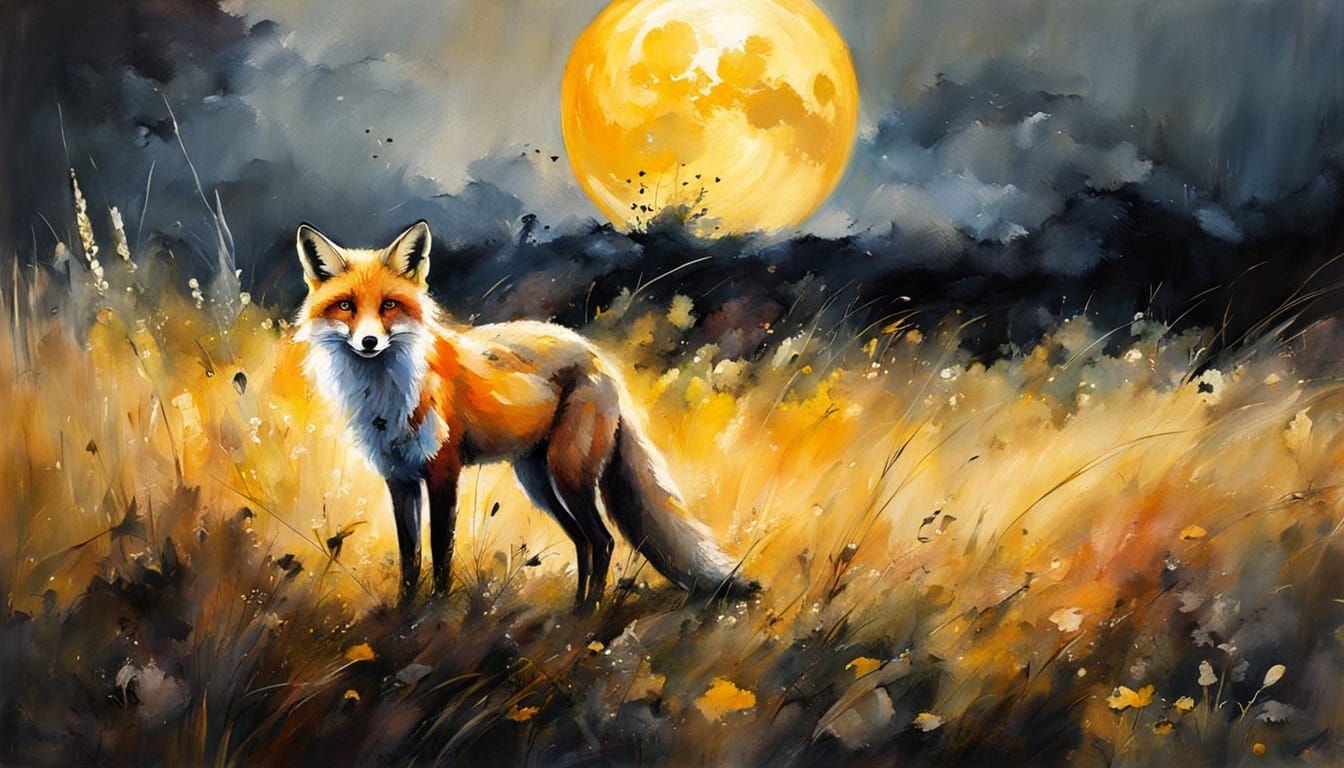 Moody Fox Silhouette Under Full Moon in Yellow Field