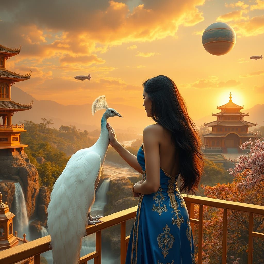 Indian Woman on Palace Balcony with White Peacock