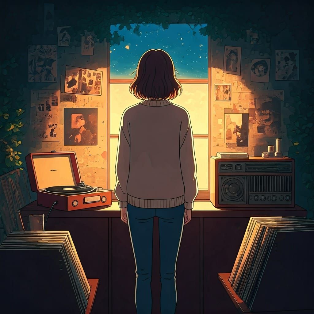 Nostalgic Woman in Dim Room with Record Player