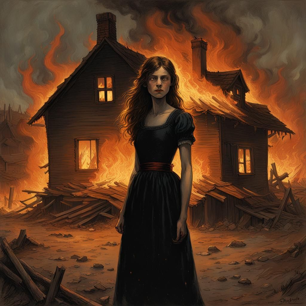 Girl Grinning Before Burning House: Horror Art