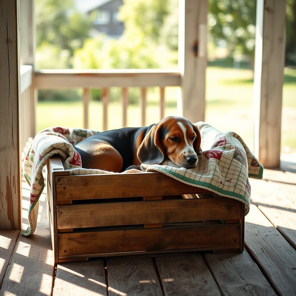 Basset Hound Napping in Sunlit Crate