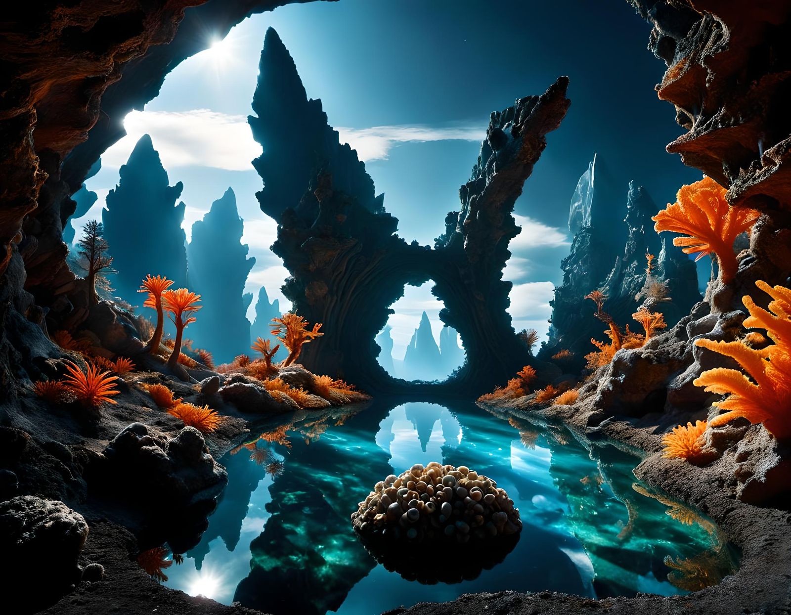 Crystal Landscape with Organic Sculptures in Space