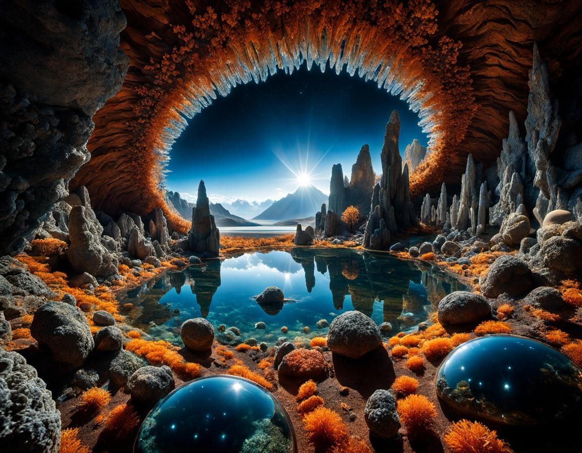 Crystal Cave View with Organic Sculptures in Space