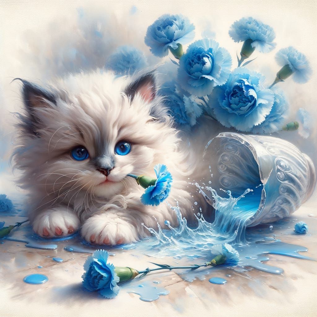 Ragdoll Kitten with Blue Carnation in Watercolour Style