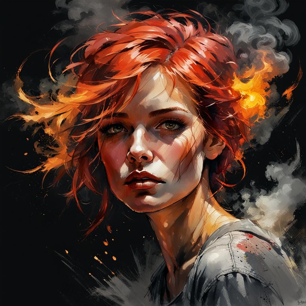 Fiery Woman Portrait in Watercolor Sketch Style