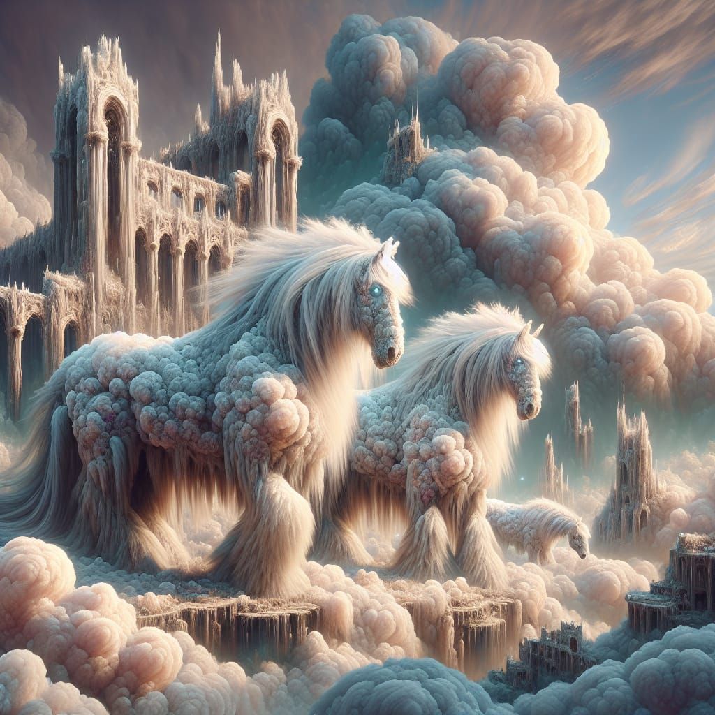 Woolly Horses in Dreamy Castle Landscape