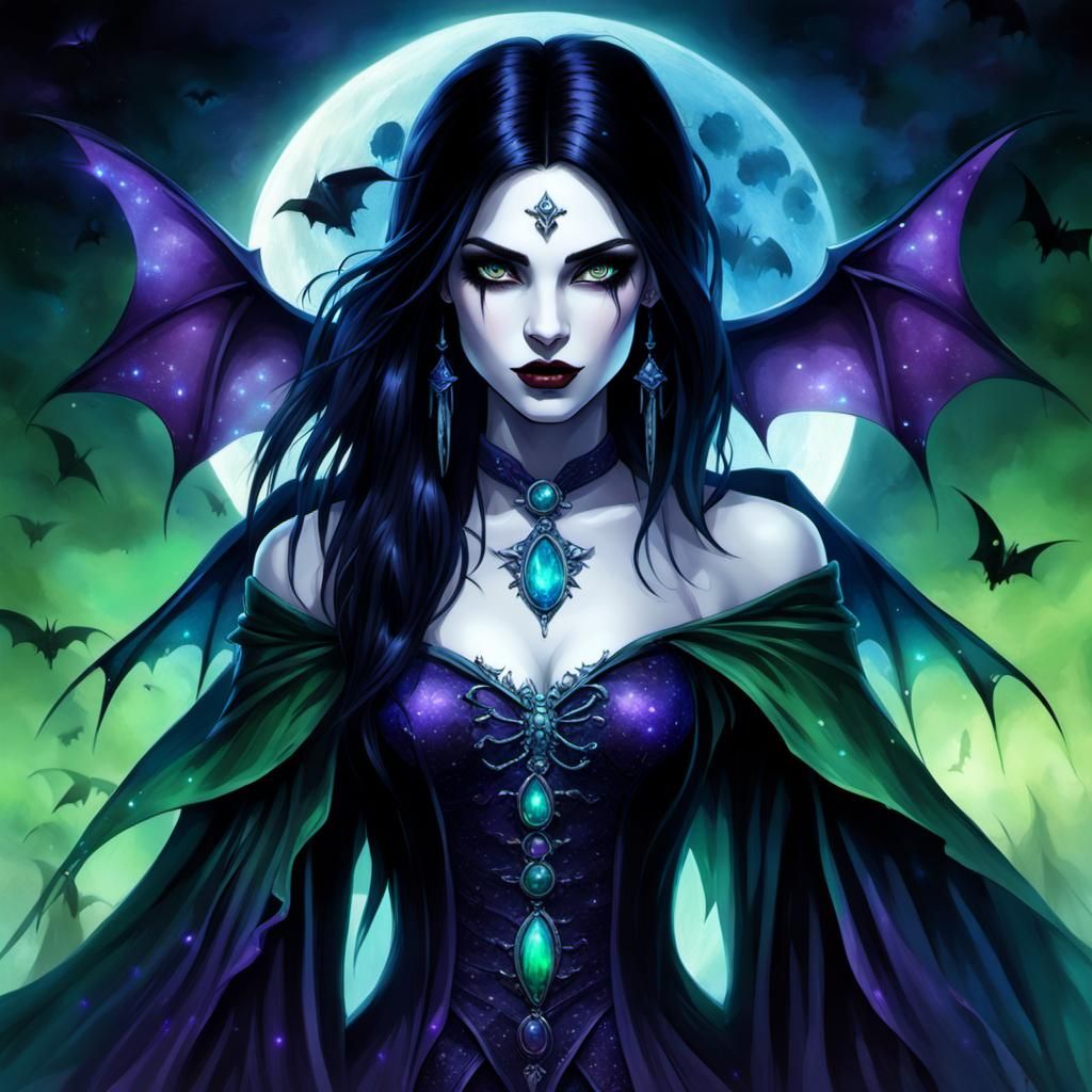 Gothic Vampire Girl with Glowing Bats in Hyper-Realism