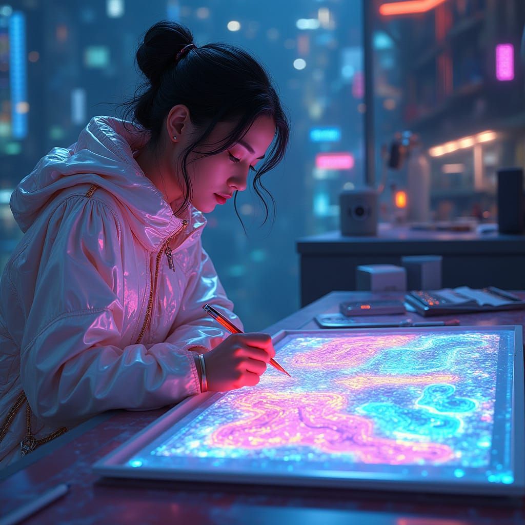 Fashion Designer in Bioluminescent Cyberpunk Atelier