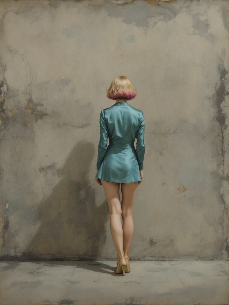 Pin-Up Woman in Metallic Dress with Pink Tips