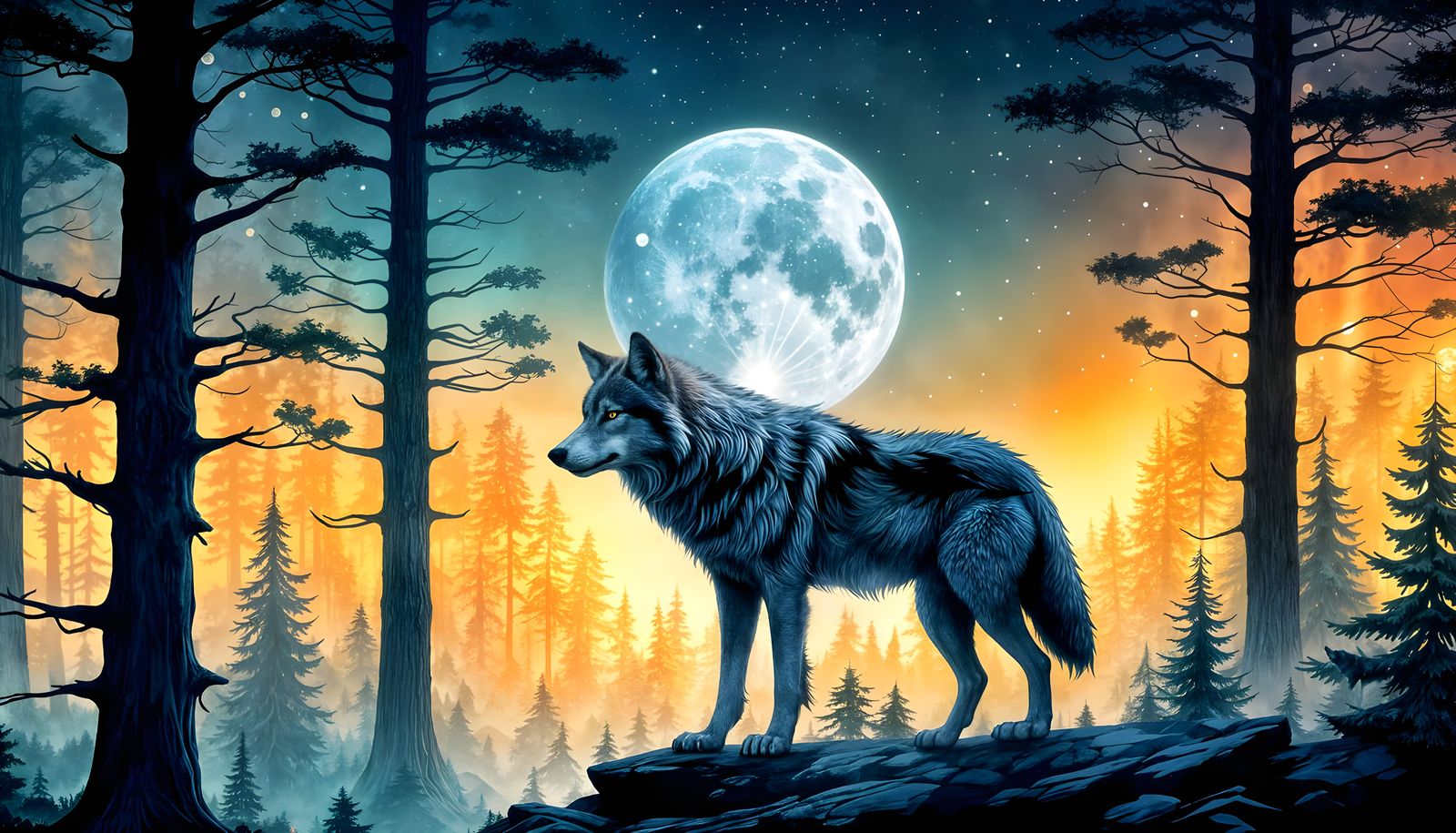 Majestic Gray Wolf Under Full Moon in Whimsical Woodland Sce...