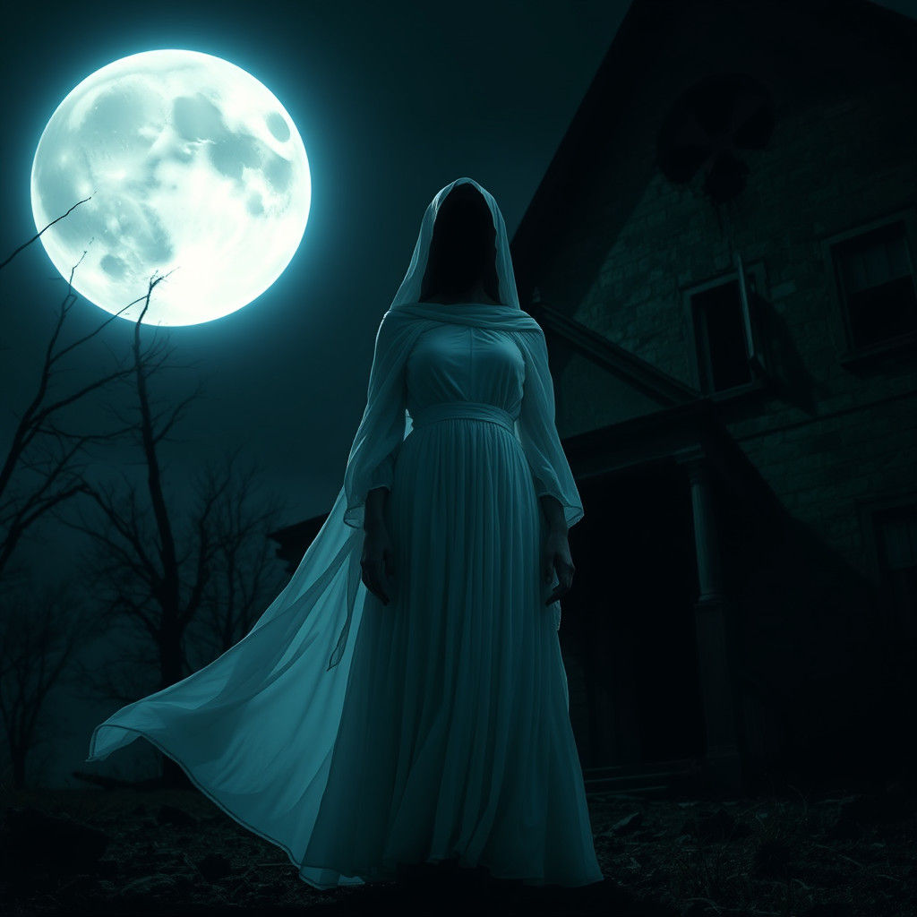 Eerie Woman in White Gown by Haunted House
