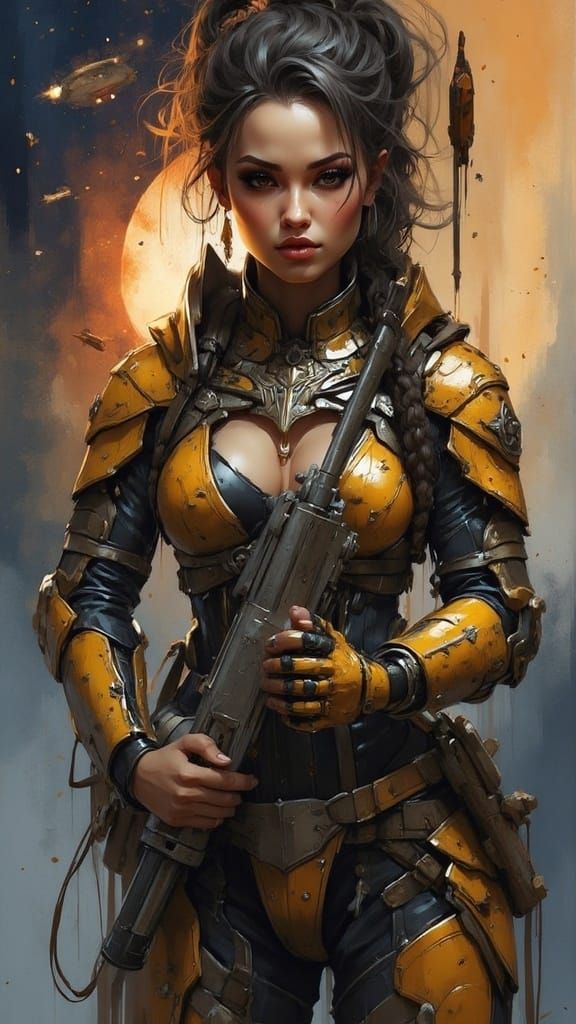 Confident Female Space Pilot in Shiny Metallic Armor